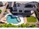 Aerial view of backyard pool with rock features and artificial grass at 882 E Parkview Dr, Gilbert, AZ 85295