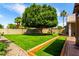 Spacious backyard featuring artificial turf, a bocce ball court, mature trees and playground at 6577 W Abraham Ln, Glendale, AZ 85308