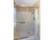 Shower stall with gold trim and textured glass at 8666 E Cheryl Dr, Scottsdale, AZ 85258