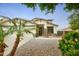 Landscaped front yard with desert landscape, a seating area and palm trees enhancing the home's curb appeal at 14823 W Windsor Ave, Goodyear, AZ 85395