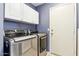 Practical laundry room with front-loading washer and dryer, ample storage cabinets, and convenient access to the exterior at 991 W Leah Ln, Gilbert, AZ 85233