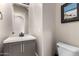 Bathroom with a gray vanity, mirror, white toilet, neutral walls and decor at 16201 S 29Th Ave, Phoenix, AZ 85045