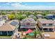 Aerial shot of a home featuring a vibrant backyard oasis with pool, palm trees, a covered patio, and solar panels at 16322 N 171St Dr, Surprise, AZ 85388