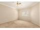 Bedroom featuring a ceiling fan, carpeted floors, neutral walls and window with shutter at 1700 E Lakeside Dr # 64, Gilbert, AZ 85234