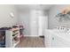 Functional laundry room with storage shelves, butcher block counter, and modern washer/dryer at 23955 W La Salle St, Buckeye, AZ 85326