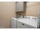 Laundry room with modern, white, front loading Maytag washer and dryer and gray cabinets at 26725 W Marco Polo Rd, Buckeye, AZ 85396
