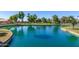 Expansive pond view with verdant landscaping and homes in the background under a clear blue sky at 17119 N Joshua Path, Surprise, AZ 85374