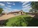 Large grassy backyard with desert landscaping, covered patio, and a sparkling pool at 17806 N 54Th Ln, Glendale, AZ 85308
