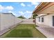 Spacious backyard featuring artificial grass, rock landscaping, and covered patio with ceiling fan at 1061 E Linda Ln, Gilbert, AZ 85234