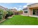 View of the backyard with artificial turf that connects to a covered patio at 1867 S Seton Ave, Gilbert, AZ 85295