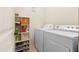 Well-organized laundry room with white washer and dryer and shelving unit with storage containers at 8804 E Ivy St, Mesa, AZ 85207