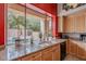 Kitchen sink with a large window view of the backyard pool at 11651 E Appaloosa Pl, Scottsdale, AZ 85259