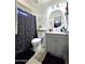 Bathroom featuring a grey vanity, decorative mirror, toilet and a shower curtain at 15023 W Redfield Rd, Surprise, AZ 85379
