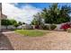 Landscaped backyard featuring lush grass, gravel landscaping, and blooming bushes at 15028 W Minnezona Ave, Goodyear, AZ 85395