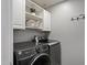 Laundry room with gray washer and dryer, white cabinets, shelves, and 'Wash and Fold' decorative hooks at 1887 W Desert Seasons Dr, Queen Creek, AZ 85144