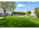 Expansive backyard featuring lush green lawn, mature trees, a fenced pool, and a charming pool house at 3616 N 54Th Pl, Phoenix, AZ 85018
