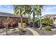 Beautiful desert landscaping featuring palm trees, vibrant flowering bushes, cacti, and a brick walkway to the house at 1588 E Sweet Citrus Dr, Queen Creek, AZ 85140