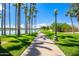 Scenic walkway lined with tall palm trees, lush grass, and a serene lake on a sunny day at 17514 W Desert Sage Dr, Goodyear, AZ 85338