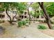 Beautiful condo community courtyard with seating, trees, and an outdoor fireplace at 5450 E Deer Valley Dr # 3003, Phoenix, AZ 85054