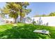 Large green backyard featuring a lawn game area and mature trees, perfect for outdoor fun at 8220 E Crestwood Way, Scottsdale, AZ 85250