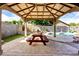 Lush backyard featuring a shaded gazebo with picnic table and a sparkling in-ground pool for relaxation at 14282 W Indianola Ave, Goodyear, AZ 85395