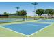 A vibrant pickleball court with green and blue playing surface, surrounded by a high net fence at 15656 W Mercer Ln, Surprise, AZ 85379