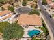 Aerial view of a single Gathering home on a cul-de-sac with desert landscaping and a private pool in backyard at 1754 W San Tan St, Chandler, AZ 85224