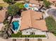 Aerial view of a home with a private pool, lush landscaping, and an outdoor fire pit in a well-maintained neighborhood at 1754 W San Tan St, Chandler, AZ 85224