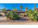 Inviting desert home with cacti, gravel, rock and mature palm trees under a bright blue sky at 2712 E Mountain View Rd, Phoenix, AZ 85028