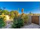 Side yard featuring lush landscaping, a stone walkway, and a wooden gate at 2712 E Mountain View Rd, Phoenix, AZ 85028