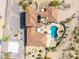 Aerial view of property showing pool, fire pit, and basketball court with surrounding desert landscape at 3723 S Pottery Rd, Gold Canyon, AZ 85118