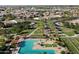 Aerial view of a community pool with lounge chairs and umbrellas surrounded by grass and palm trees in a neighborhood at 22842 E Via Las Brisas --, Queen Creek, AZ 85142