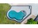 Aerial view of the uniquely shaped pool with the surrounding patio and grass at 737 E 7Th Pl, Mesa, AZ 85203