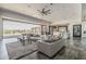 Open concept living room with a large sofa, area rug, and views of the pool and backyard at 15217 N 15Th Dr, Phoenix, AZ 85023