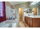 Bright bathroom with a shower, tub, vanity with lights, and walk-in closet at 40437 W Robbins Dr, Maricopa, AZ 85138