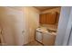 Functional laundry room featuring a washer, dryer, cabinet, and door to outside at 5002 W Christy Dr, Glendale, AZ 85304