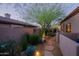 Side yard with a stone paver pathway, desert landscaping, cacti and mature trees at 6591 E Amber Sun Dr, Scottsdale, AZ 85266