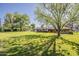 A large mature tree casts shadows on the perfectly manicured green lawn in the backyard at 125 N Fraser E Dr, Mesa, AZ 85203