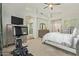 Main bedroom with neutral tones, a ceiling fan, an exercise bike, and an ensuite bathroom entrance at 4584 W Detroit St, Chandler, AZ 85226