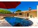Tranquil backyard pool with rock accents, complemented by a covered patio, offering a relaxing outdoor retreat at 6533 E Kelton Ln, Scottsdale, AZ 85254