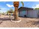 Cozy home exterior features a well-maintained gravel yard and a mature palm tree at 7302 E Baseline Rd, Mesa, AZ 85209