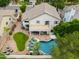 An aerial shot displays the backyard's pool, patio, lawn, and mature landscaping at 2218 E Anchor Dr, Gilbert, AZ 85234
