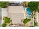 An aerial view shows the backyard oasis, including a pool, patio, and green space at 2218 E Anchor Dr, Gilbert, AZ 85234