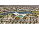 Community aerial showcases the pool, recreation center, and the large lake, surrounded by single-Gathering houses at 22491 E Mewes Rd, Queen Creek, AZ 85142