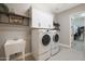 This laundry room features white cabinets, front loading washer and dryer and convenient utility sink at 14979 S 184Th Ave, Goodyear, AZ 85338