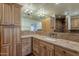 Bathroom showcasing wood cabinetry, granite counters, large mirror, and tiled walk-in shower at 9466 E Laurel Ln, Scottsdale, AZ 85260