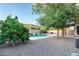 Backyard pool with desert landscaping, perimeter block wall, and shade trees creating an inviting outdoor living space at 15028 W Columbine Dr, Surprise, AZ 85379