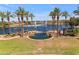 Scenic pond featuring tiered water features, surrounded by manicured lawns, palm trees and desert landscaping at 43271 W Little Dr, Maricopa, AZ 85138