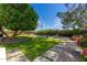 Spacious green backyard with a sparkling pool, lush greenery, and mature trees at 6837 E Lafayette Blvd, Scottsdale, AZ 85251
