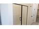 Modern glass enclosed shower featuring black hardware, white walls, and access to a walk-in closet at 22392 W Monona Ln, Surprise, AZ 85387